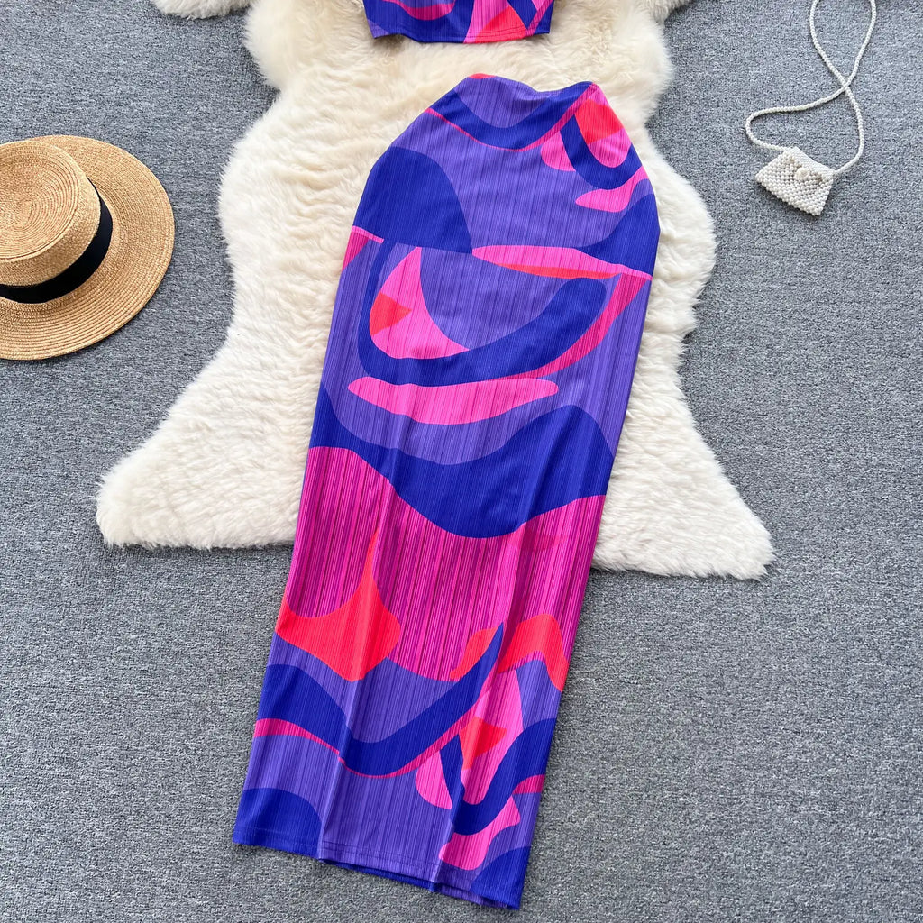 Retro Style Printed 2 Pieces Set for Women Fashion Summer Sleeveless Cropped Camis Top + Elastic Waist Bodycon Long Skirt Suits