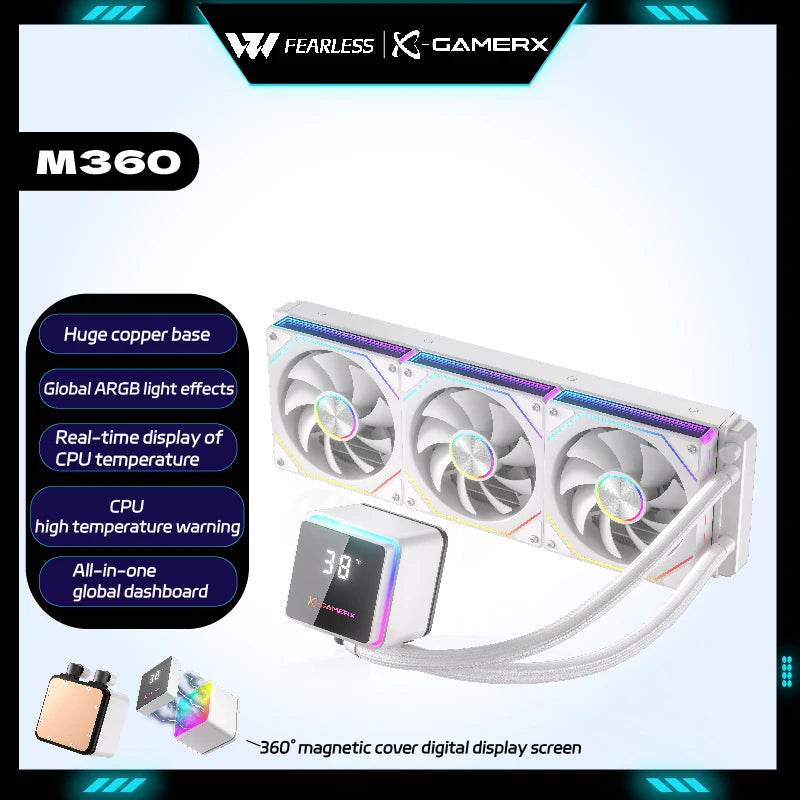 X-GAMERX PowerTrain M360 Water Cooler Processador ARGB 360° Magnetic Cover CPU Digital Temperature Display 360MM Watercooling