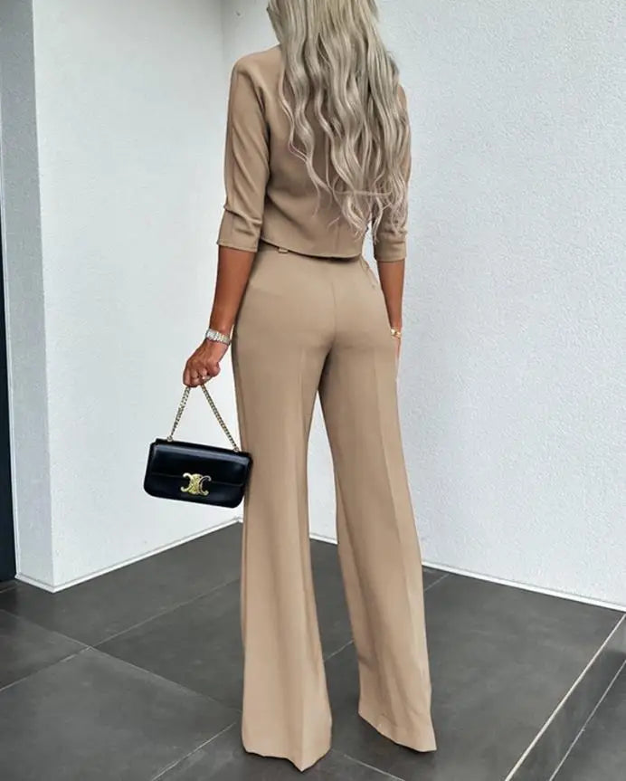Casual Long Sleeve Shirt Pants Set Office Lady Spring Autumn Fashion Solid O-neck Tops Trousers Two Piece Set Women Outfit 2023