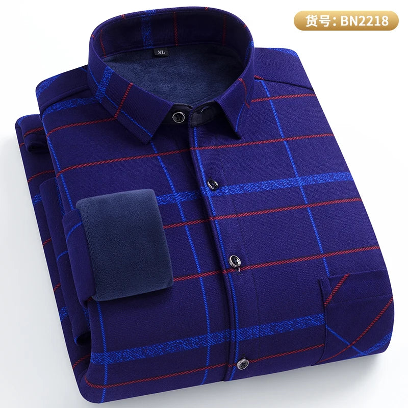 Men's Warm Long-Sleeved Shirt with Double-Sided Fleece, Winter Casual, Cold-Resistant, Street Fashion, Comfortable and Versatile