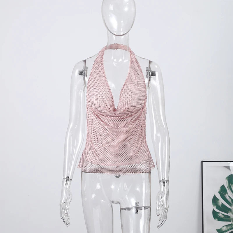 Sexy Diamond Halter Dress Women Shinny Sleeveless Backless V-neck Slim A-line Dresses Female 2026 Spring Summer Party Lady Robes