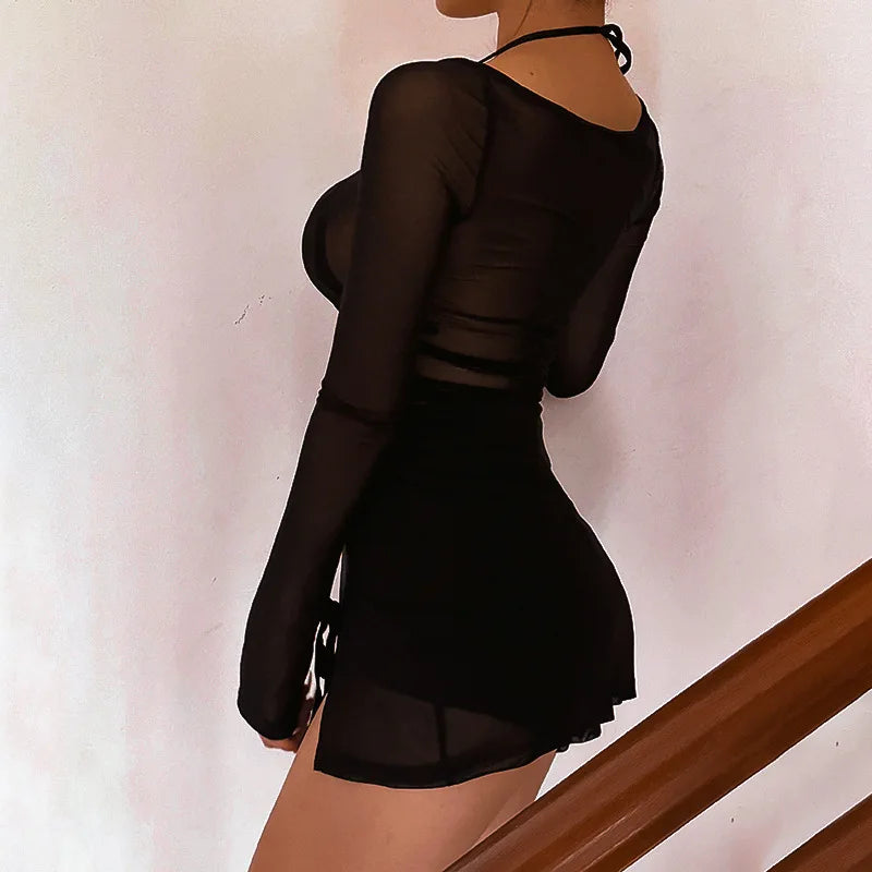 Women's Square Collar Mini Dress Y2K Gauze Long Sleeve Sheer Sexy Night Outfit Clubwear Solid Color