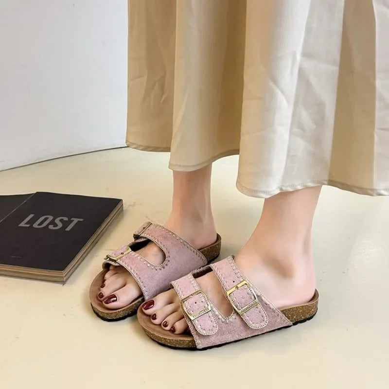 Women's Flat Slide Sandals Open Toe Suede Look Double Buckle Strap Slip on Whipstitch Detail Casual Summer Daily Walking Shoes
