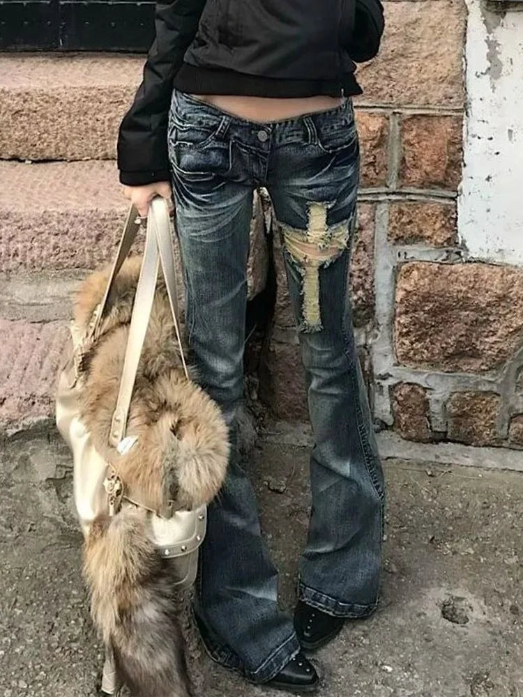 Y2k Aesthetic Women Zipper Denim Pant Spring High Waist Vintage Hollow Out Hole Harajuku Pants Streetwear Grunge Flared Trousers