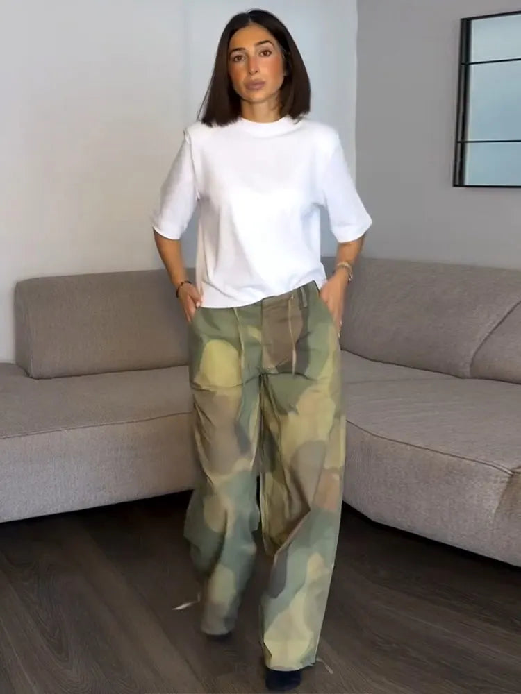 Camo Print Drawstring Waist Women Pants Wide Leg Loose Cut Drawstring Hem Relaxed Fit Casual Trouser Streetwear 2026 New Fashion