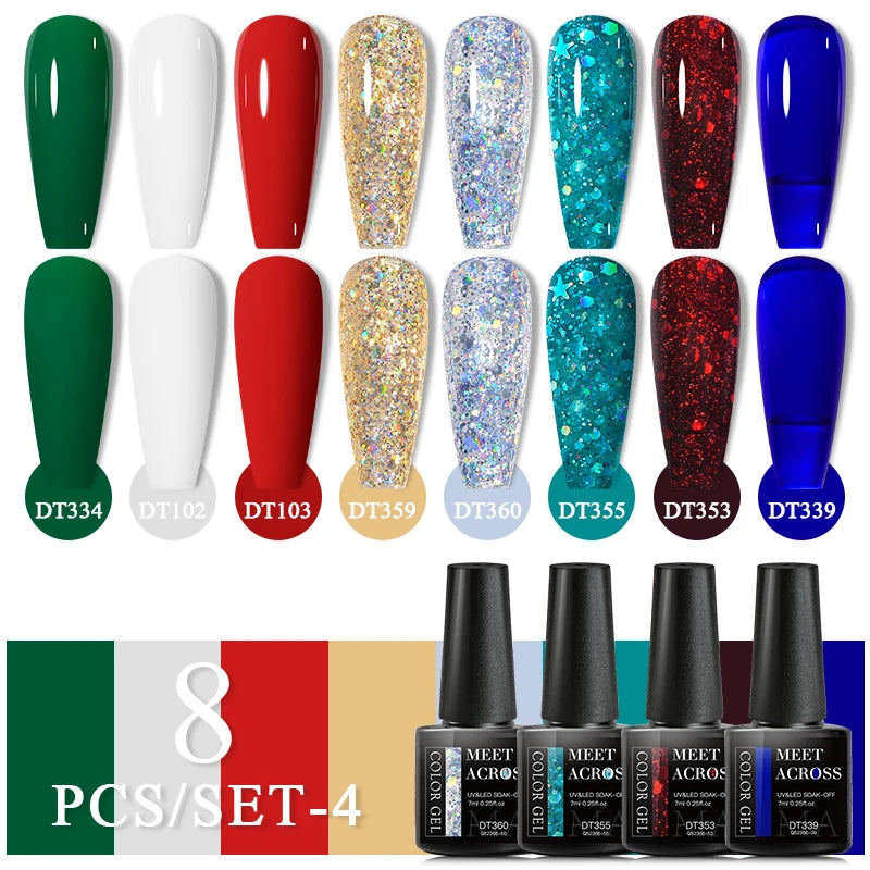 MEET ACROSS 6/8Pcs Set Glitter Gel Nail Polish Autumn Winter Nail Art Varnishes Semi Permanent Soak Off UV Gel Kit Nails Lacquer