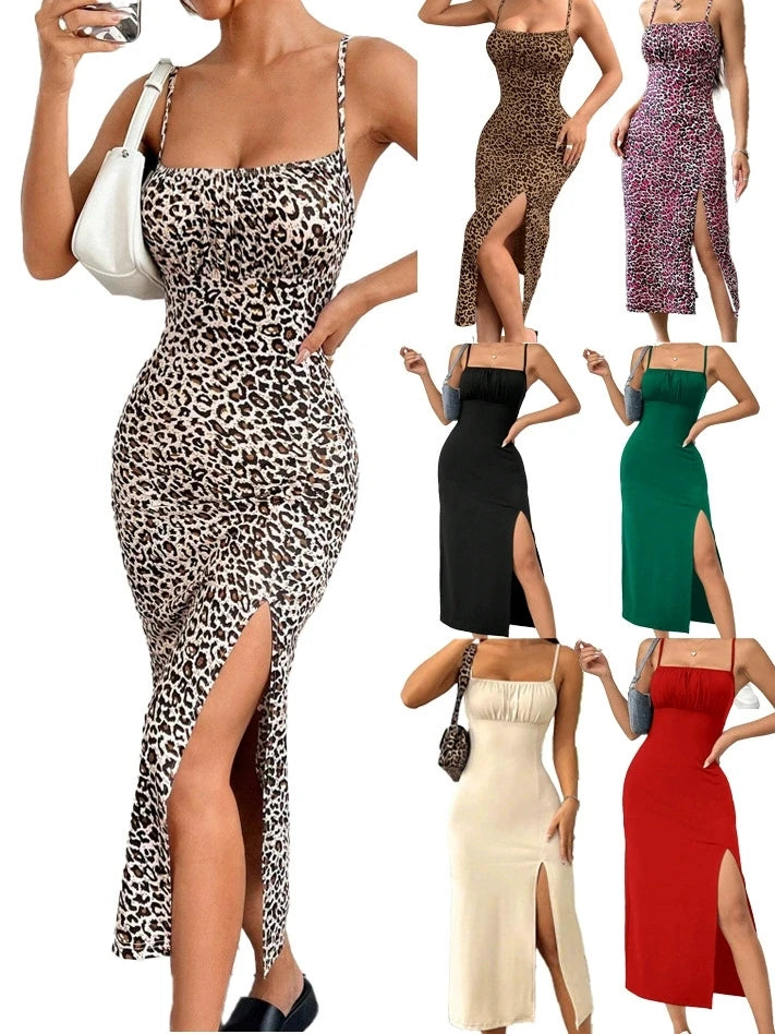 Women's Summer Slip Dress Bandeau Tight Height Slit Solid Color Leopard Print Hip Skirt