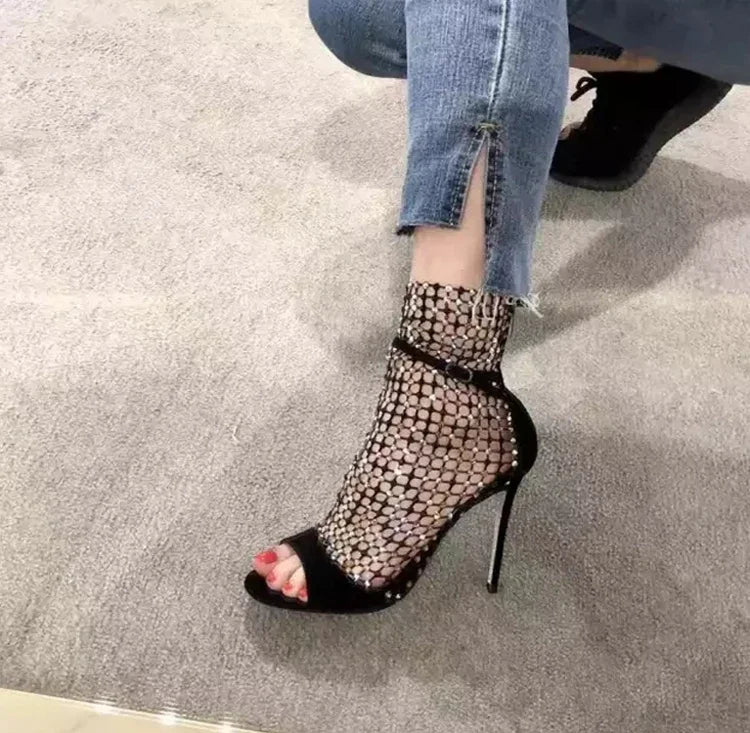 2025 New Star Internet Celebrity Same Style Sexy Water Diamond Fish Mouth Hollow Mesh Cool Boots High Heel Shoes Thin Heels