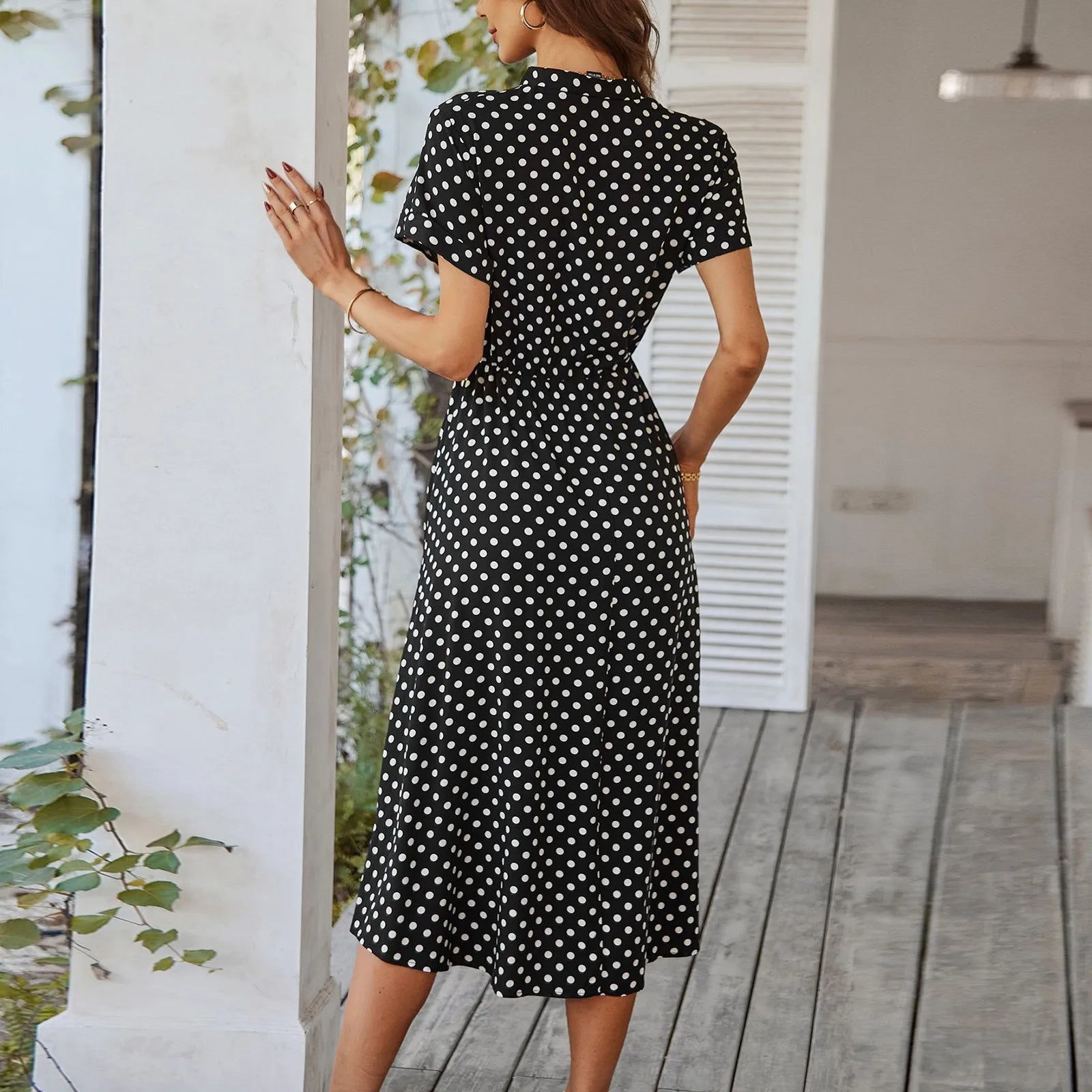 Elegant retro polka dot dress Women's Summer Midi Dress V Neck Single Breasted Short Sleeve Dresses Fashion Print Dress