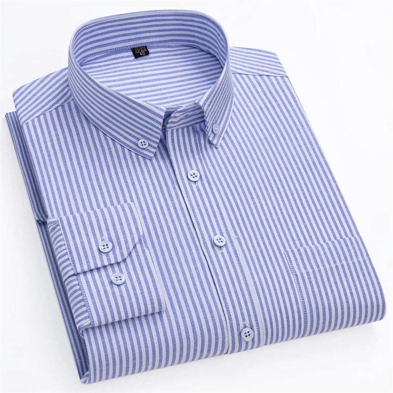 New Cotton Oxford Men's Shirts Long Sleeves Stripe Thin Soft Regular Fit Formal Dress Shirt Pocket Social Blouse Male Clothes