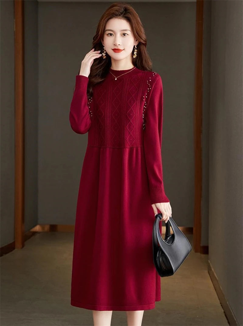 New Knitting Vestidos Women's 2024 Spring Autumn Mid Length Version Ladies Sweater Dress Temperament Lady Bottoming Skirt