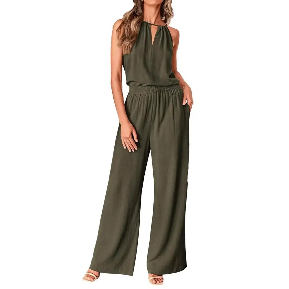 Summer Fashion Retro 2 Piece Set for Women Casual Solid Color Sleeveless Off Shoulder V Neck Top Straight Wide Leg Pants Suits