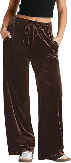 Women's High Waist Velvet Wide Leg Pants Drawstring Elastic Waist Loose Casual Trousers Autumn Winter Solid Color Long Pants B