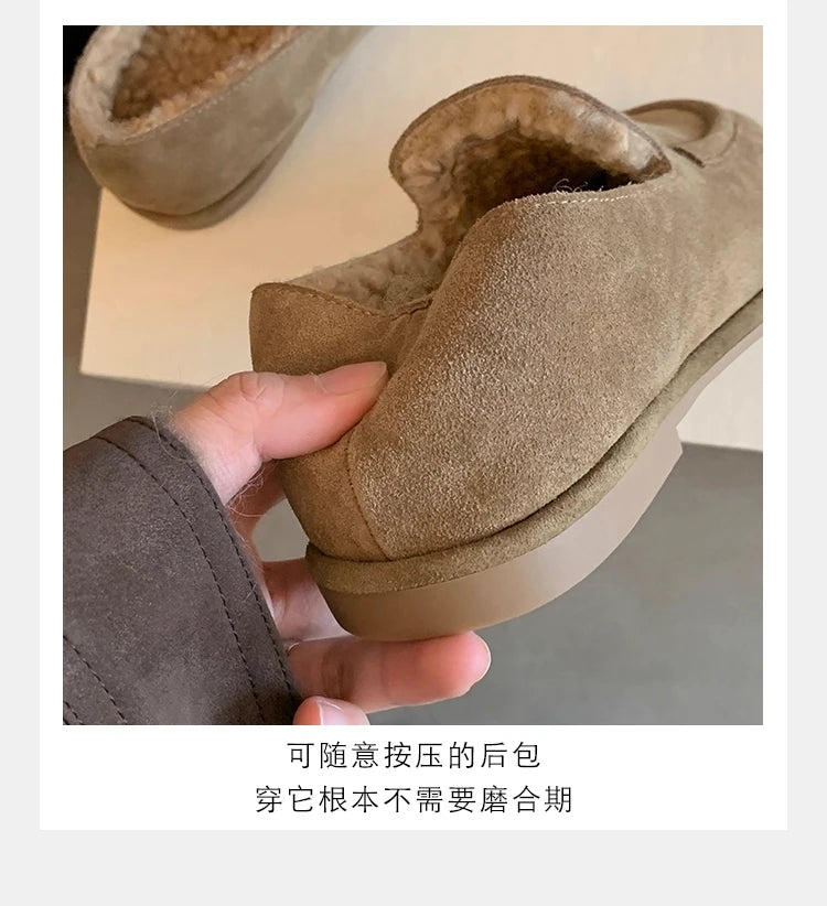 New Suede Leather Loafers Woman Round Toe Slip-on Casual Flat Shoes Wool Warm Winter Shoes Outdoors Walk Shoes Women