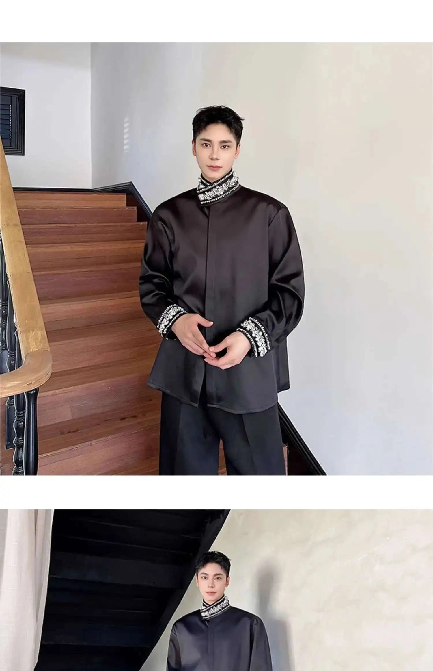 PFHQ Diamond Decoration Satin Long Sleeve Male Shirts Stand Collar Solid Color Single Breasted Men's Wear 2025 New Fashion9C7199