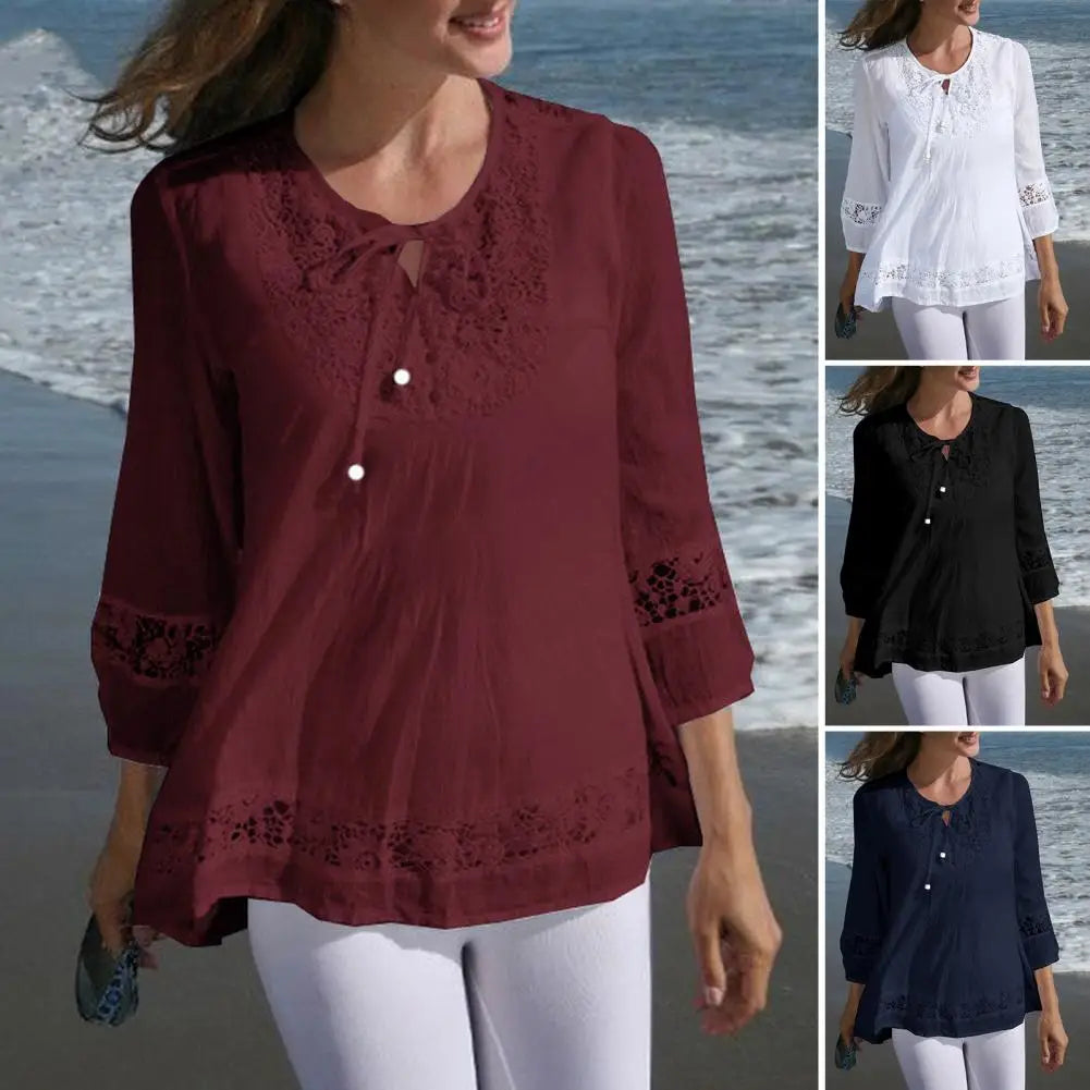 Round Neck Women T-shirt Lace Patchwork Crew Neck Lady Spring Shirt Chic Plus Size Casual Lady Spring Blouse for Dating