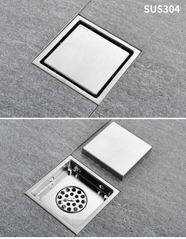 Square Shower Drain Tile Insert Anti Odor Stainless Steel Floor Drain Kit with Removable Grate Cover Hair Strainer Black Gold