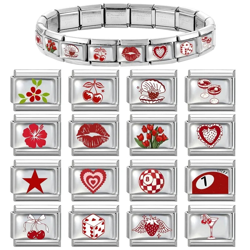 Fashion Red Series Heart Flower Bowknot Cherry Women Men Charm Link fit 9mm Stainless Steel Italian Bracelet Making DIY Jewelry
