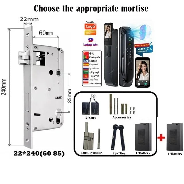 5050 5072 5572 4585 6085 Mortise Tuya WiFi Video Intercom 3D Face Recognition Smart Lock Biometric Camera Auto Keyless Lock
