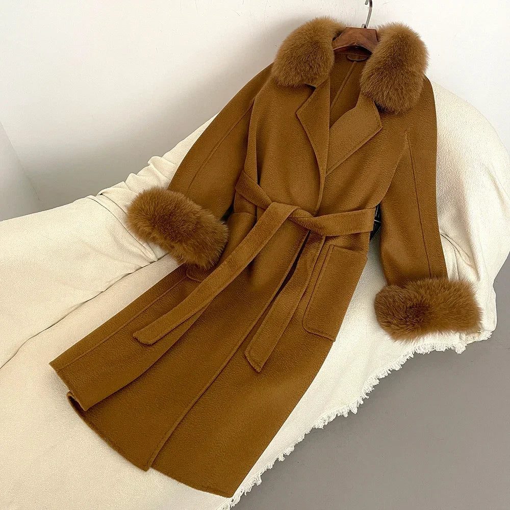 Fox Fur Coat for Women Wool Woolen Natural Real Fox Fur Collar Winter Jacket Ladies Belt Warm Outerwear Streetwear 2024