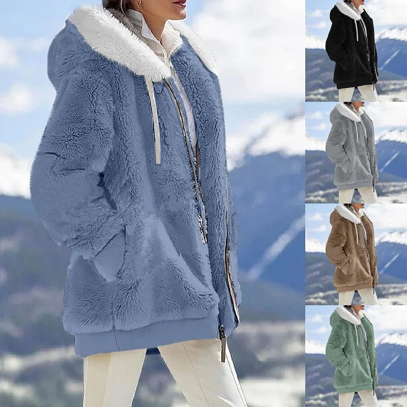 New Style Winter Fashion Women's Coat Casual Hooded Zipper Ladies Clothes Cashmere Women Fleece Jacket Solid Color Ladies Coats