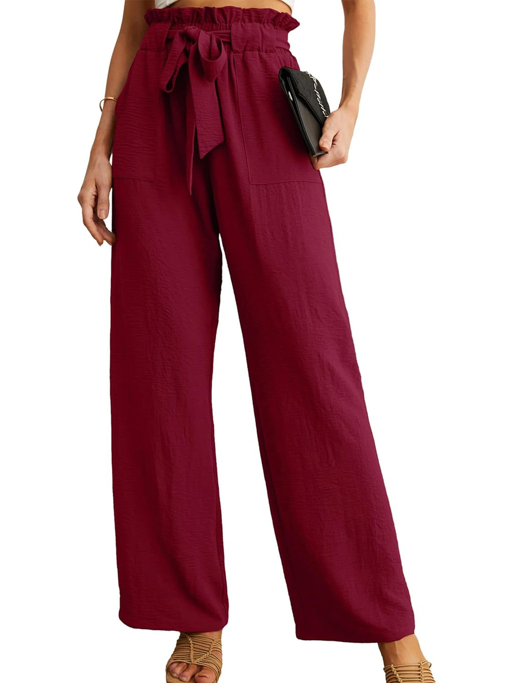 Women's High Waist Wide Leg Casual Pants with Pockets Adjustable Drawstring Loose Slimming Comfortable for Vacation
