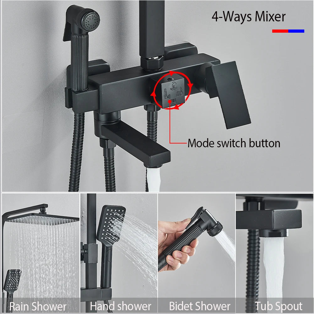Shower Faucet Set Rainfall 3/4-ways Bathtub Tap With Bathroom Shelf Height Adjust Brass Mixer Crane Hot Cold Water Systems