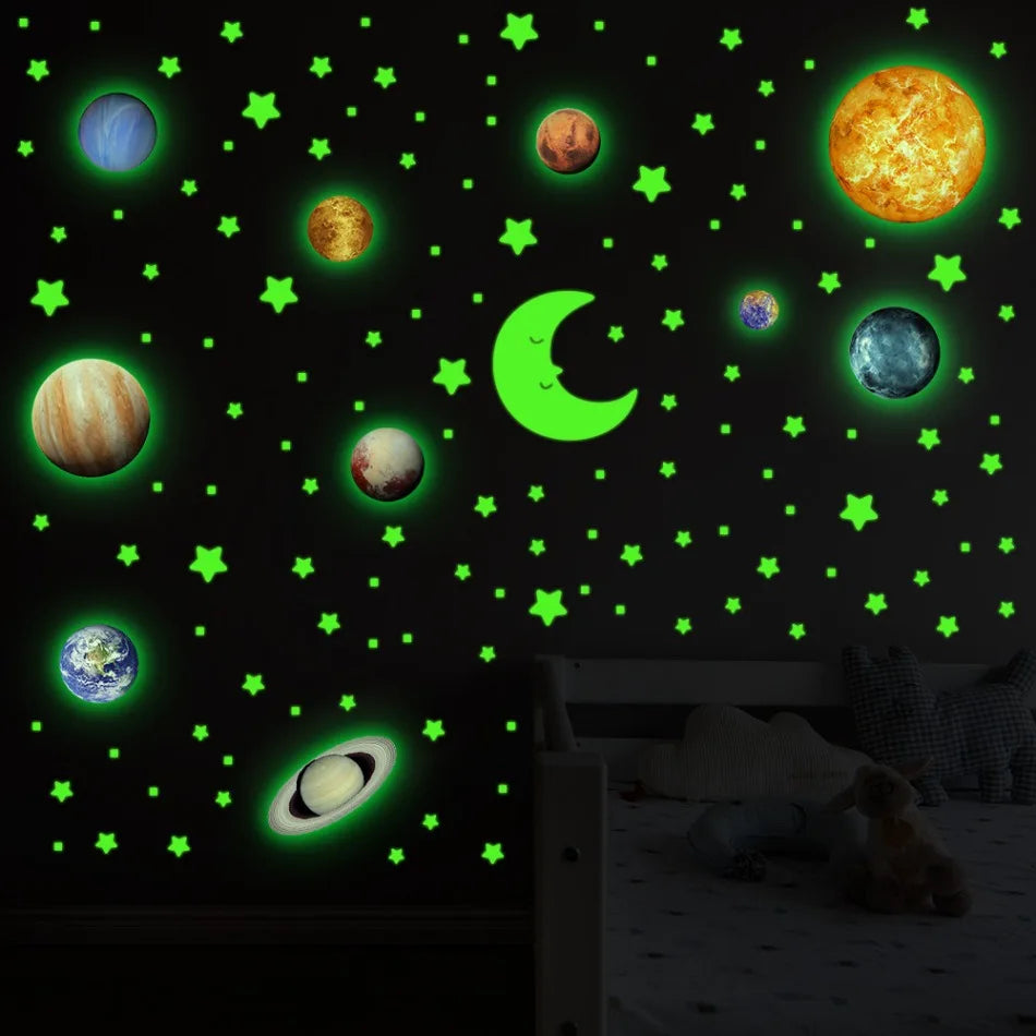 Glow in The Dark Planets Wall Stickers Kids Bedroom DIY Luminous Stars Decals Mural Self-adhesive Room Ceiling Aesthetic Decor