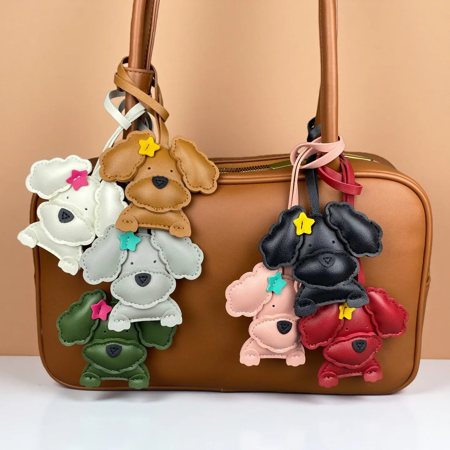3D Plush Stuffed Poodle Dog Bag Charm - Crafted from Sturdy PU Leather with a Star Hair Clip, Well-Stitched & Fully Filled, Gift