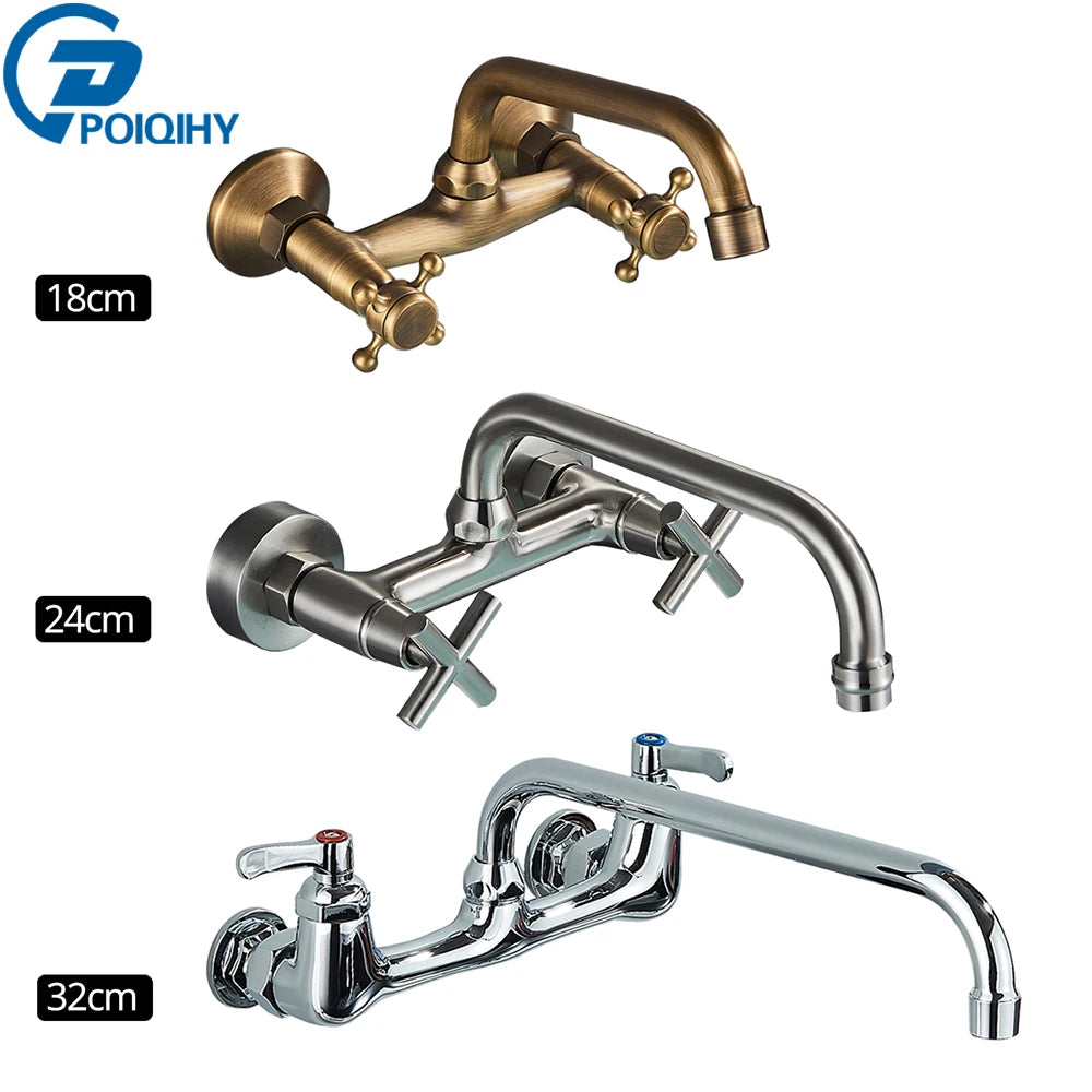 Antique Brass Basin Faucet Wall Mounted Bathroom Mixer Tap Hot Cold Sink Faucet 360 Rotation Spout Chrome Kitchen Mixer Taps