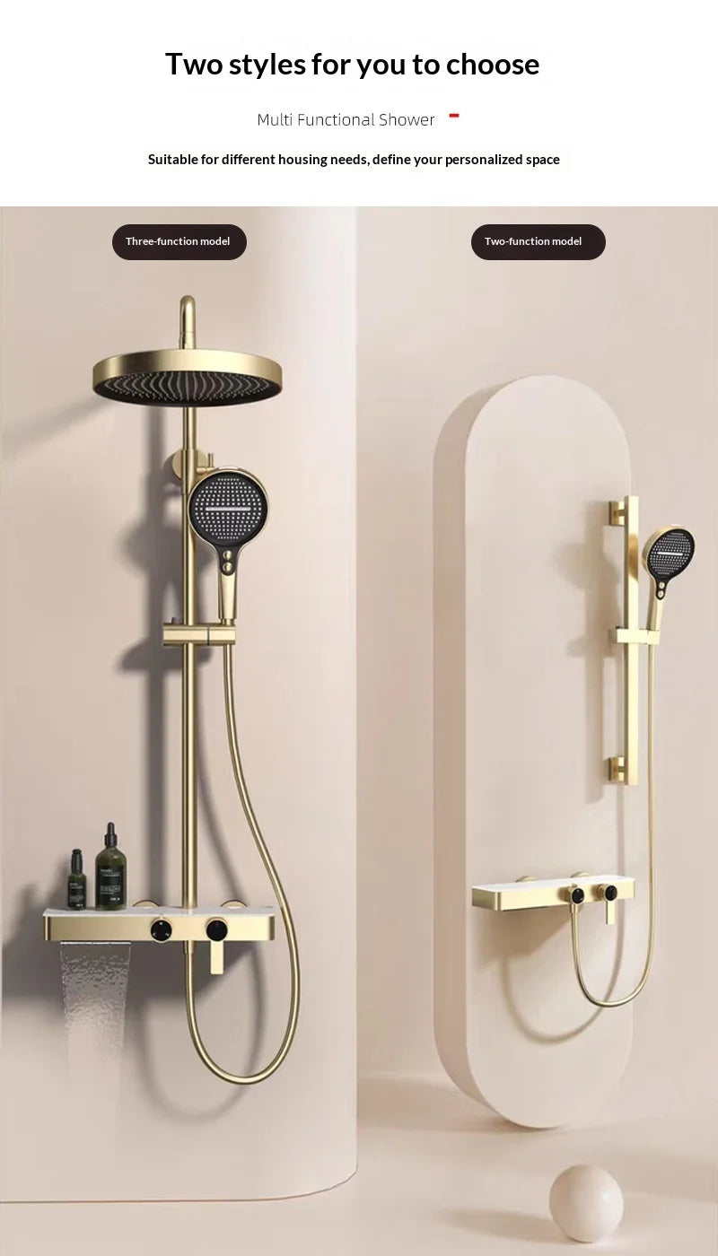 Premium All Copper Shower Set with Heated Waterway Shelf Dual Valves Hot Cold Multi Function High Pressure Shower Head Shower