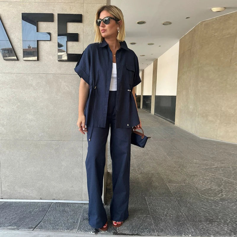 Casual Drawstring Shirt Pants Set Women Lapel Button Short Sleeve Pocket Loose Top Wide Leg Pants 2025 Chic Summer Women's Suit