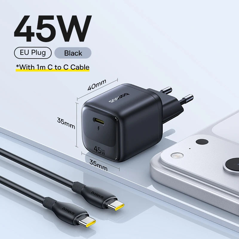 Baseus 45W GaN Charger Phone Charger For iPhone 17 16 15 14 13 Pro Max USB C Charger Support PD QC PPS Fast Charging For Laptop