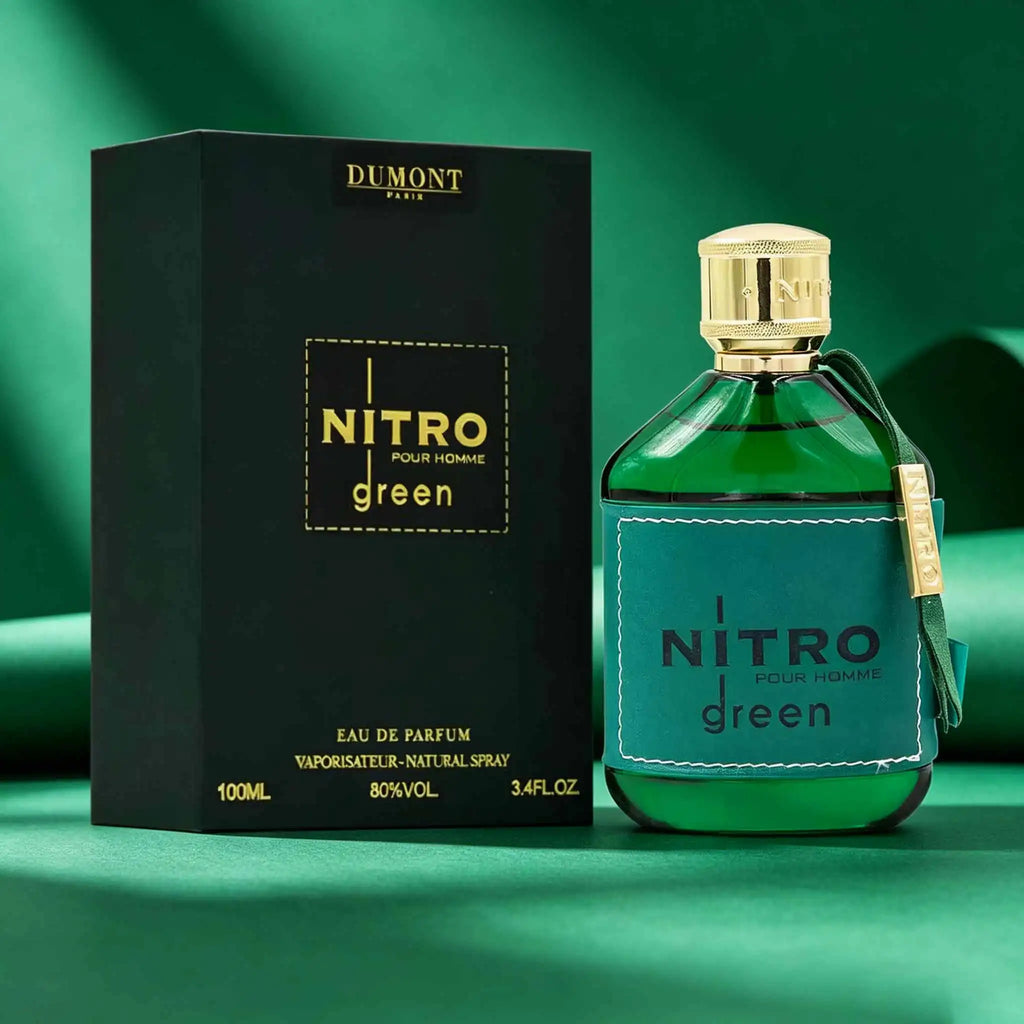 DUMONT NITRO GREEN men's perfume is a fresh wooden fragrance, with cedar, sandalwood and musk, calm and elegant, green and gold packaging, high class atmosphere, showing a gentleman's style.