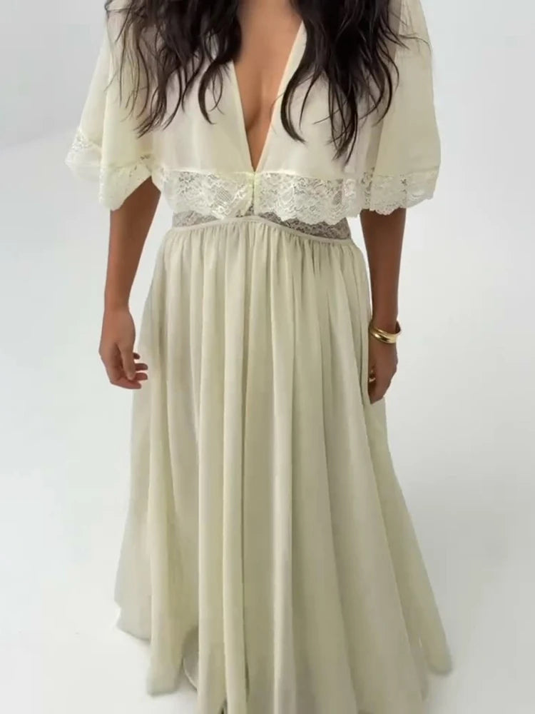 Lightweight Chiffon V-Neck Lace Insert Waist Maxi Dress Cutout Puff Sleeve 2026 Summer Women Party Dress Trendy Chic Lady Outfit