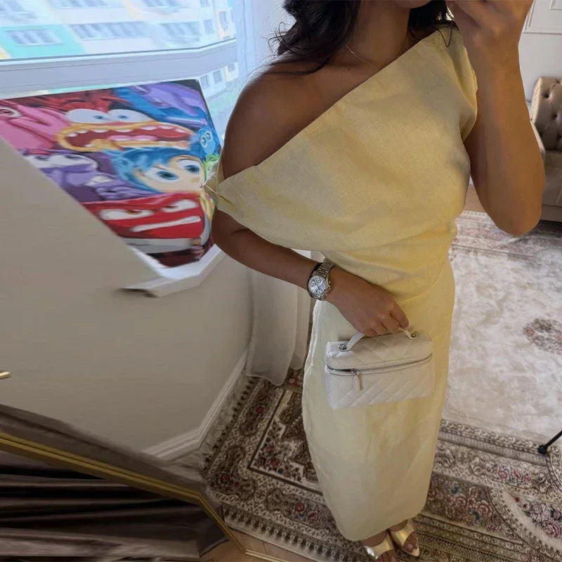 Elegant Off Shoulder Women's Dress Solid Sleeveless Oblique Collar Long Female Dresses 2026 Summer Fashion Lady Comfortable Robe