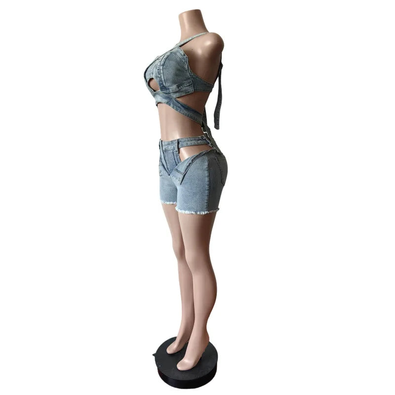2 Piece Sets Women Denim Shorts Suit Sexy Vest Top Strap Backless Jeans Short Pants Pockets Outfits 2025 Streetwear Ensemble