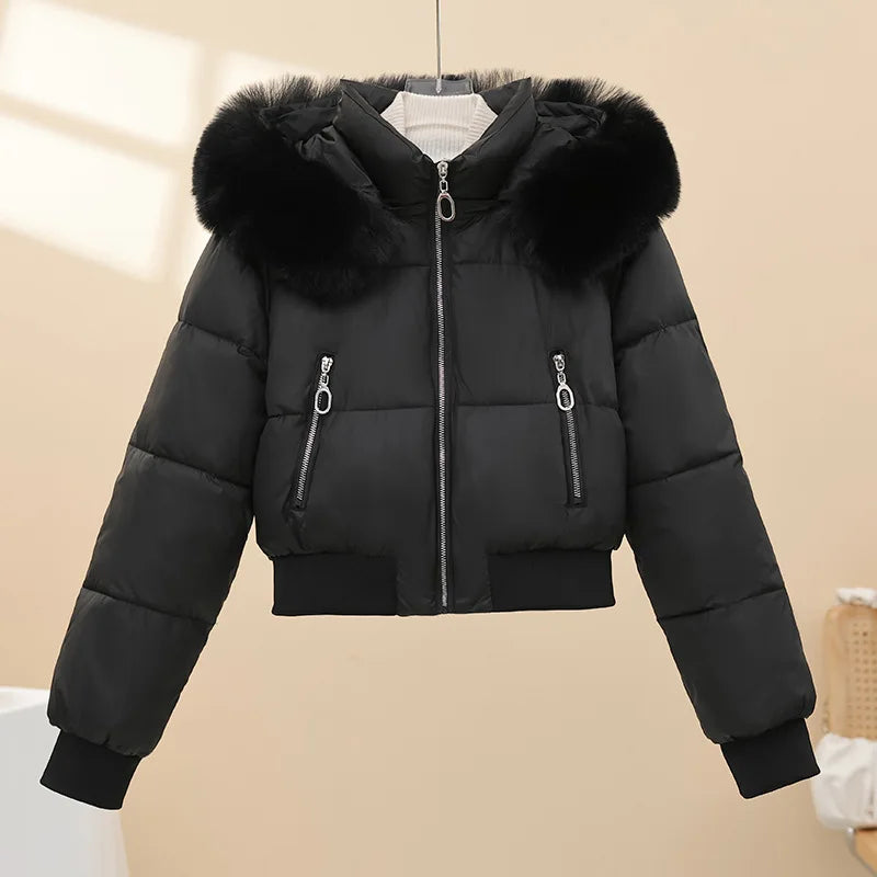 Short Cotton Jackets Long Sleeve Loose Hooded Short Women's Parka Coats Big Fur Collar Winter Down Cotton Padded Coats 2025 New