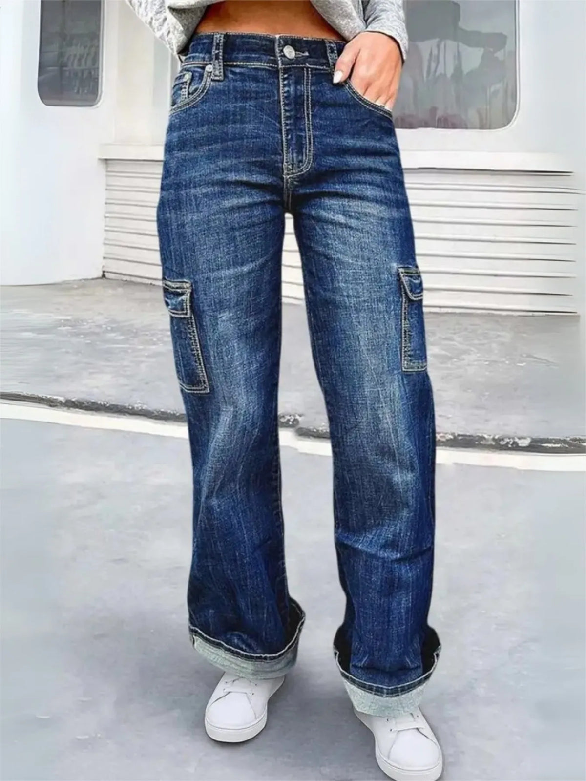 【HME】Jeans | Women Cargo Denim Pants With Side Flap Pockets, Mid‑High Waist Rolled Hem Wide Leg Denim Jeans, Dark Vintage Washed Relaxed Fit Pants For Street Daily Casual Wear