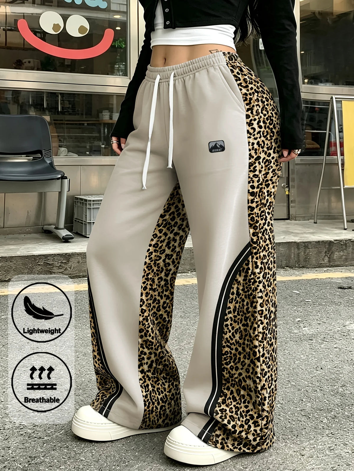Women Leopard Spliced Wide Leg Sweatpants Drawstring Elastic Waist Casual Street Trousers