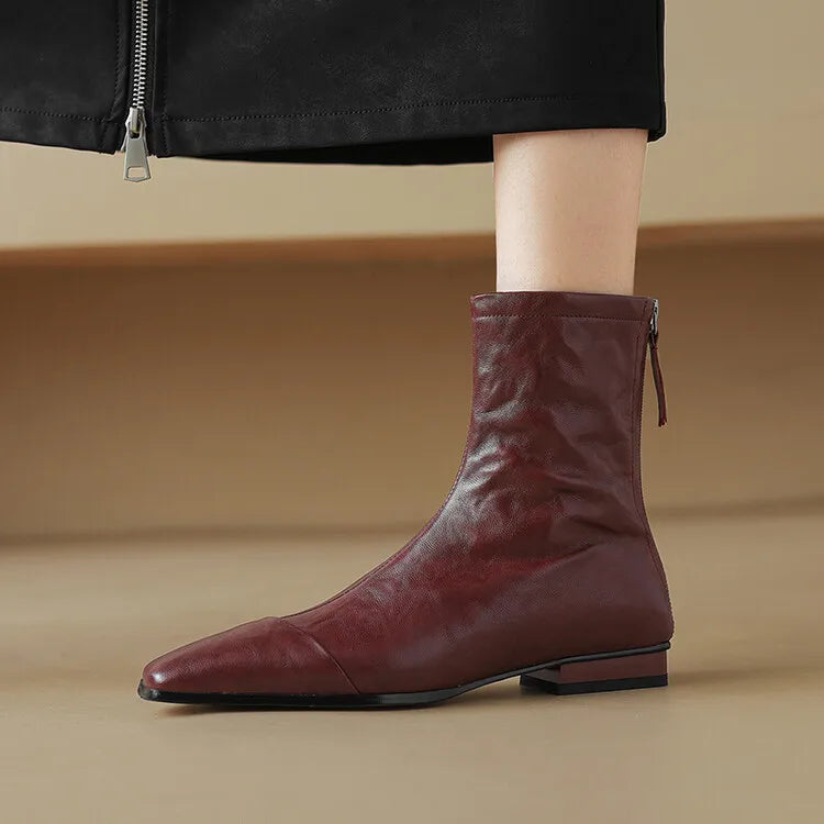 NEW Autumn/Winter Women Boots Square Toe Low Heel Shoes Genuine Leather Shoes for Women Concise Zipper Short Boots Modern Boots