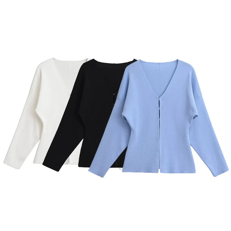 Willshela Women Fashion Solid Single Breasted Knitted Sweater Vintage V-Neck Long Sleeves Female Chic Lady Outfits