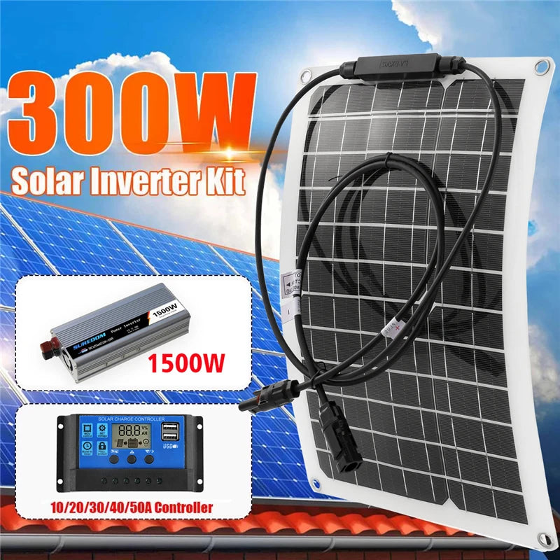 12V to 220V Solar Power System 300W Solar Panel 10A-100A Controller 1500W Modified Sine Inverter Complete Power Generation Kit