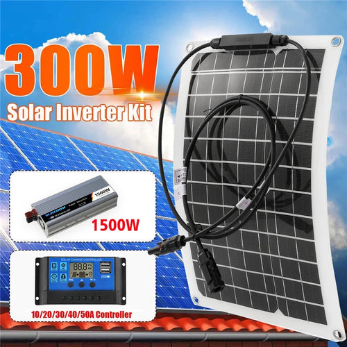 12V to 220V Solar Power System 300W Solar Panel 10A-100A Controller 1500W Modified Sine Inverter Complete Power Generation Kit