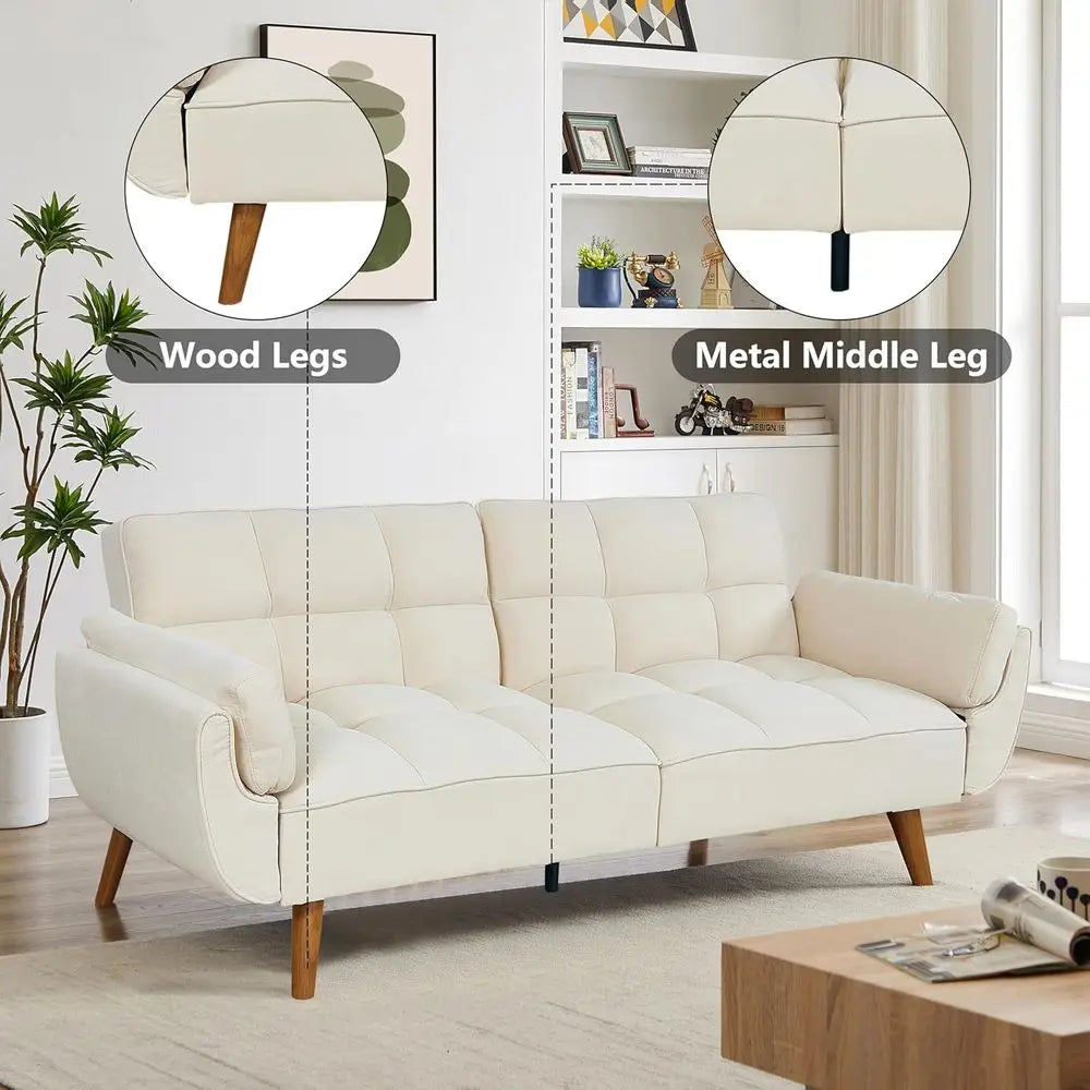 Twin Size Convertible Sleeper Sofa with Reclining Linen Split Back and Pillow Top Arms for Compact Living Spaces in Beige