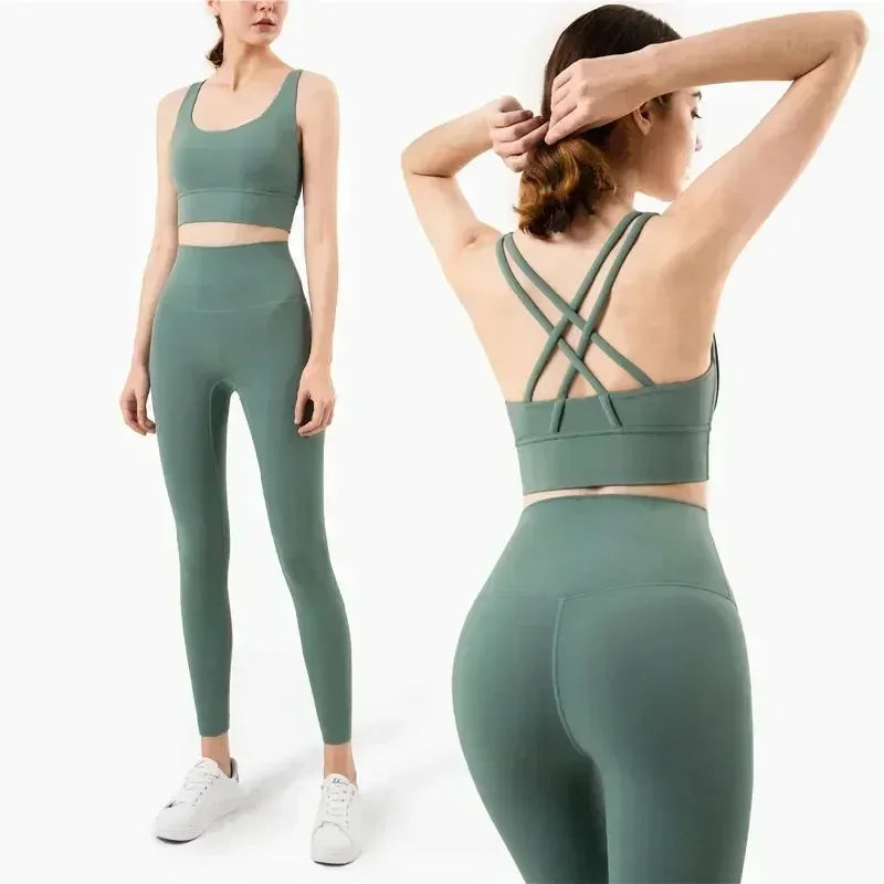 Women's 2 Piece Sports Set - High Waist Booty-Lifting Leggings with Back Pocket & Sports Bra Yoga/Gym/Running Workout Outfit