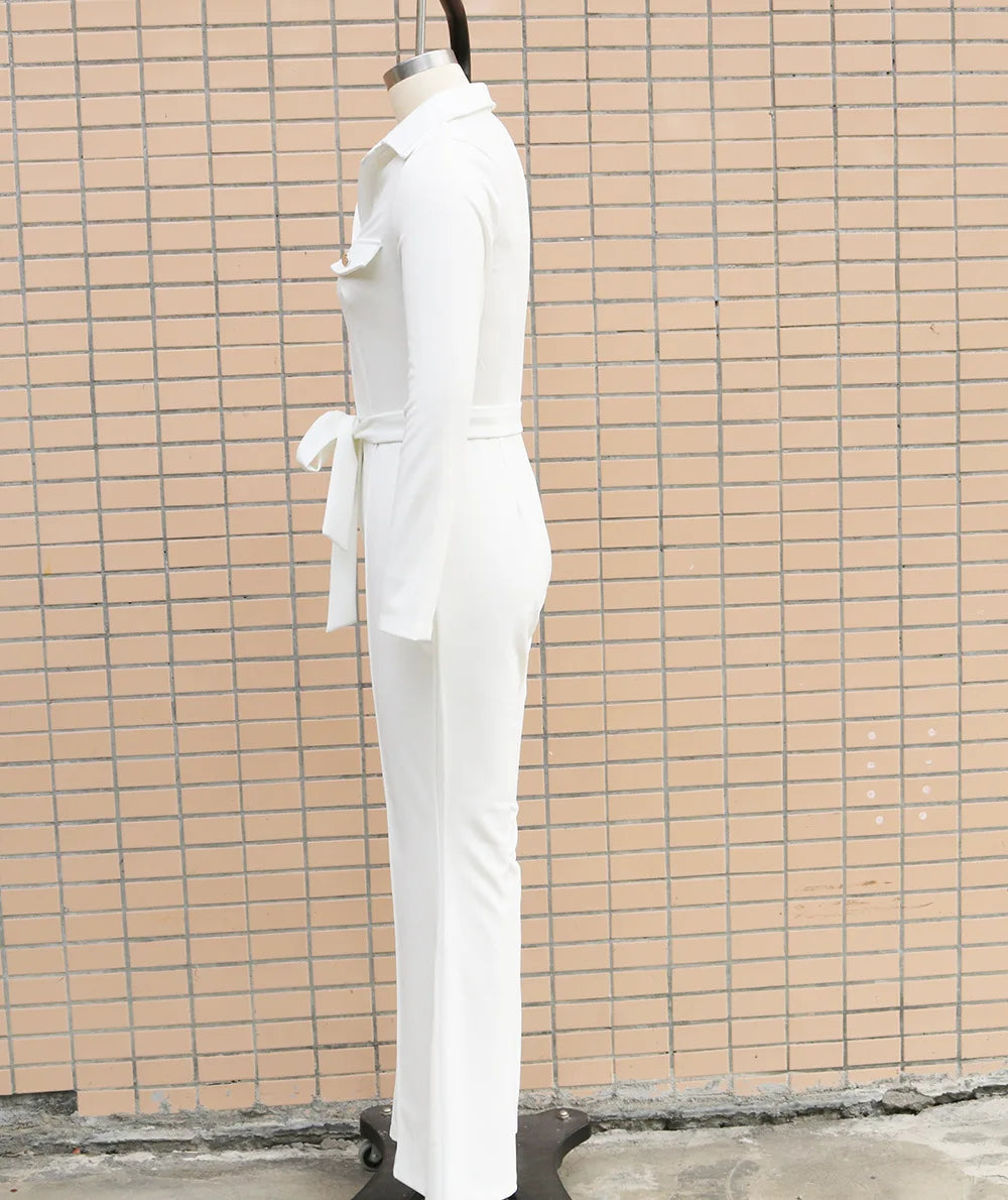 Spring Autumn Solid Single-breasted Slim-fitting Lace-up Women Jumpsuit New Fashion Slim-fit Hip-hugging Elegant Female Jumpsuit