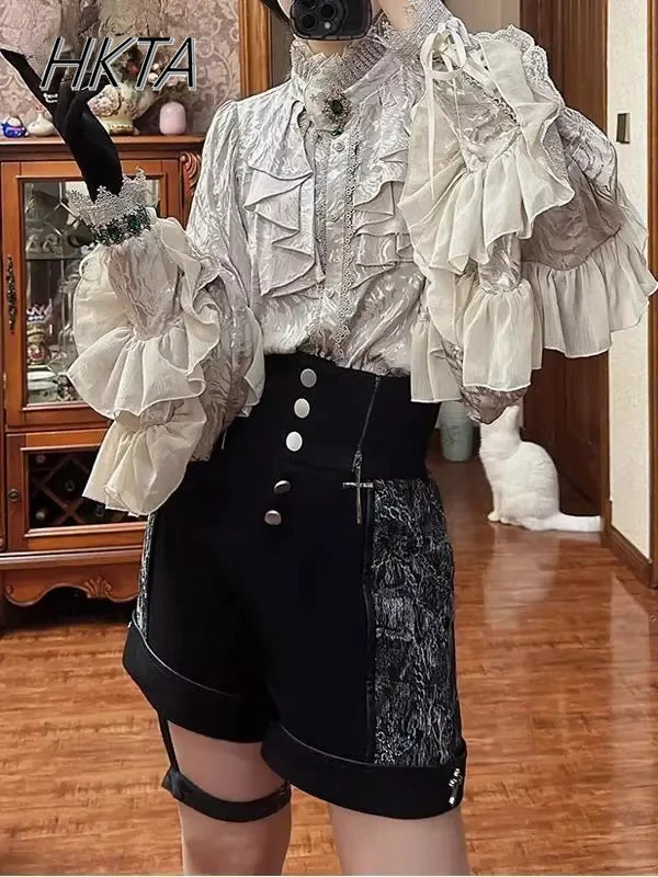 Gothic Style Silver Shirt Spring and Autumn New Bat Sleeve Loose Long Sleeve Shirts Lolita Court Style Women's Camisas Top Y2k