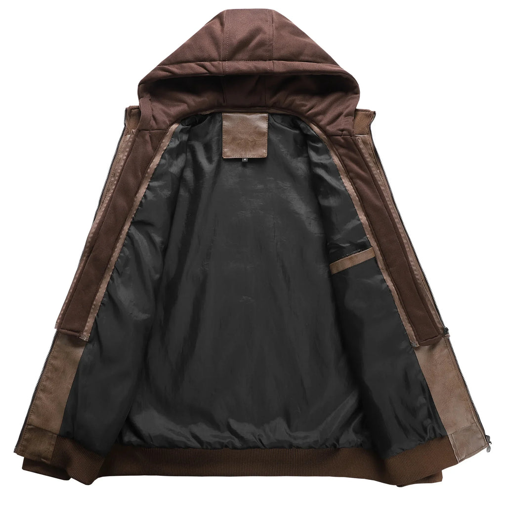 Men Detachable Hood Motorcycle Leather Jackets Quality Male Streetwear Casual PU Leather Coats Two in One Jacket