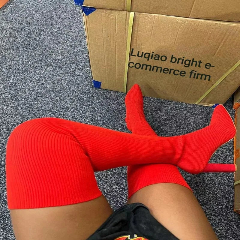 Woman Over The knee Boots Winter Thigh Knitted Elastic Socks Shoe Warm Sexy Stilettos Heels Pointed Long Boots 35-43 botas mujer